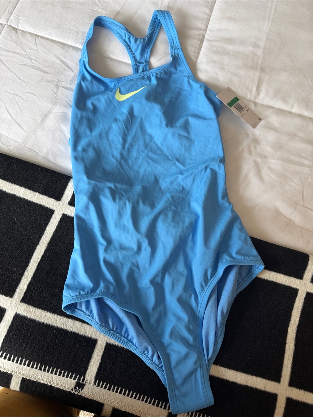 Nike Light Blue Racerback One-Piece Swimsuit with Neon Yellow Swoosh